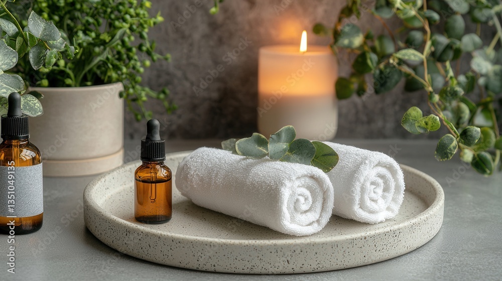 Spa Day Essentials Rolled Towels Essential Oils and Candlelight Ambiance