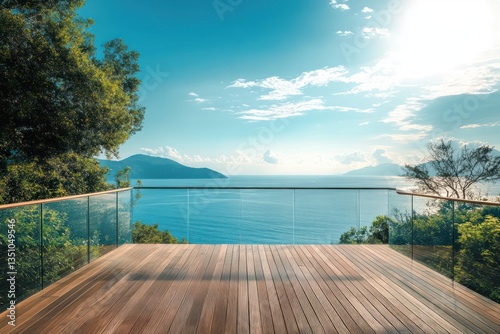 Ocean view deck, tranquil coastal scene, summer vacation