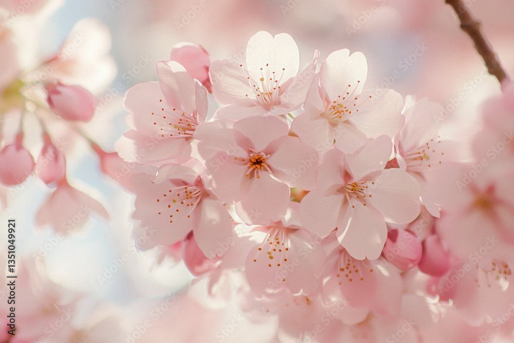 Cherry blossom branch with soft pink petals in natural light, soft shadows Cherry blossom branch with soft pink petals in natural light, soft shadows
