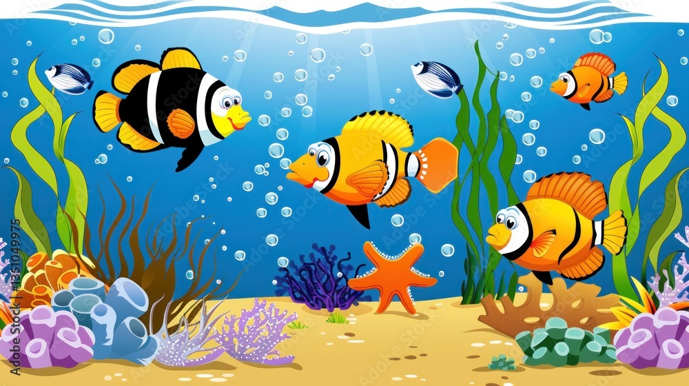 Naklejka premium underwater life scene decorated with fish and plants