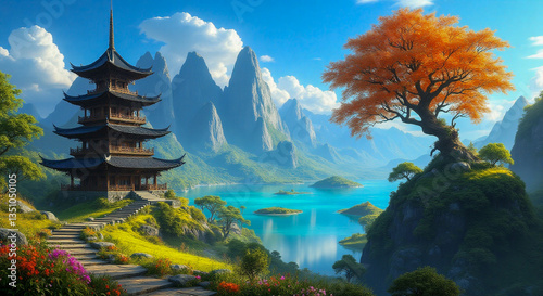 A majestic pagoda stands beside a turquoise lake, surrounded by lush greenery and towering mountains.