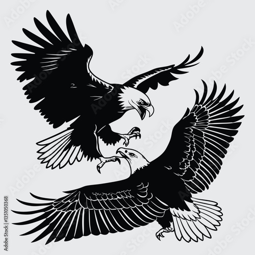 Two eagles grappling midair image silhouette design vector art and illustration