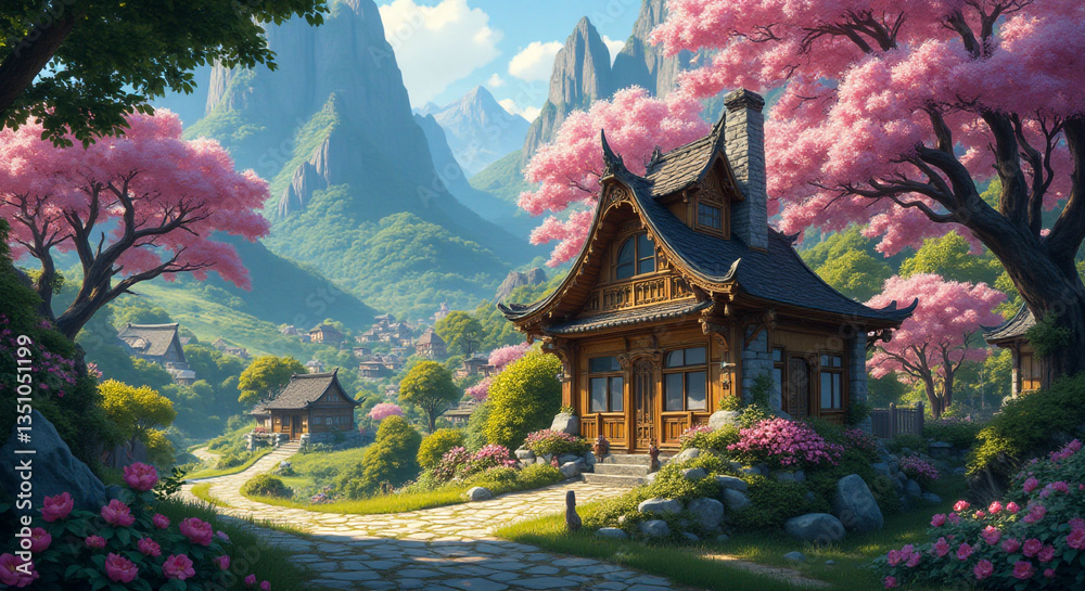Obraz premium A peaceful village with cherry blossoms, wooden houses, and mountains under a bright blue sky.