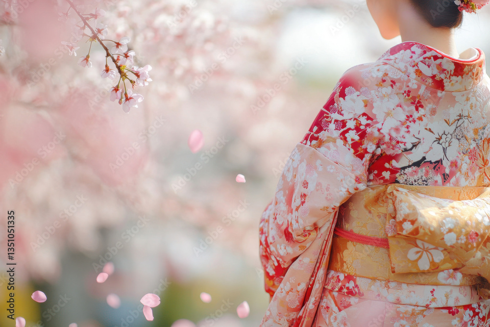 Graceful kimono under cherry blossom trees with soft petals falling in serene garden Graceful kimono under cherry blossom trees with soft petals falling in serene garden