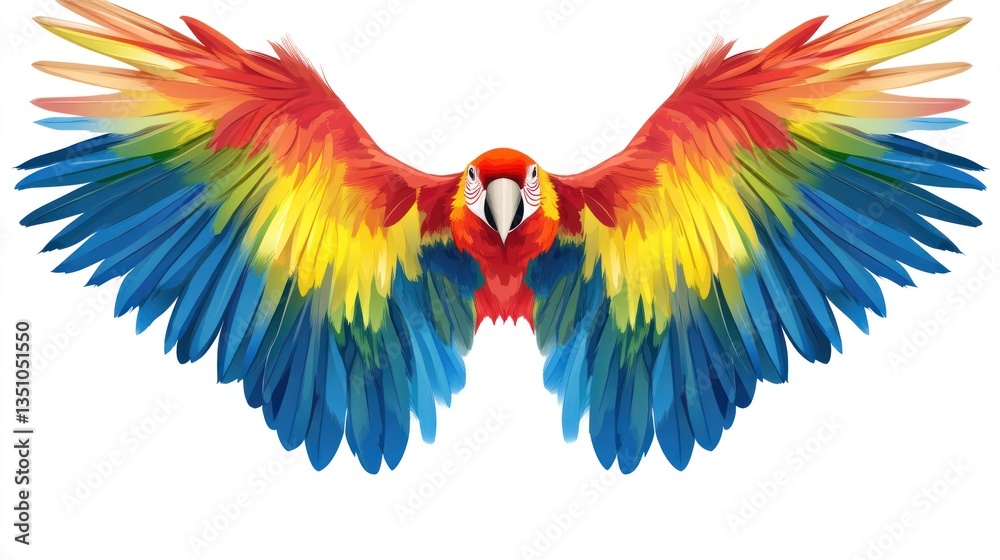 Obraz premium Colorful macaw in flight against white background. Possible use Nature, animal, education