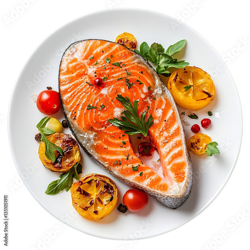 Roasted salmon steak and vegetables Isolated on a transparent background