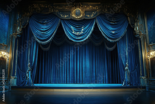 Grand theatrical stage with deep blue velvet curtain and soft lighting