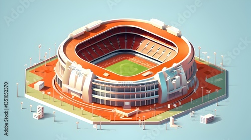 A majestic stadium, a beacon of athletic dreams, ready to host thrilling competitions, showcased in a vibrant low-poly style with a soft, light background.