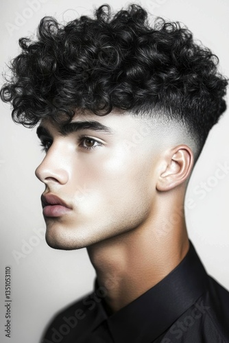 Portrait of a man with curly hairstyle showcasing a modern fade cut in a stylish black shirt against a neutral background