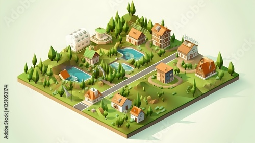 A charming idyllic village nestled in a verdant valley, showcasing a harmonious blend of traditional and modern architecture with low-poly isometric style.