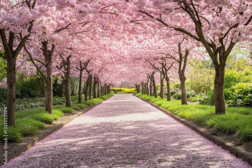 Peaceful cherry blossom pathway with vibrant trees and scattered petals Peaceful cherry blossom pathway with vibrant trees and scattered petals