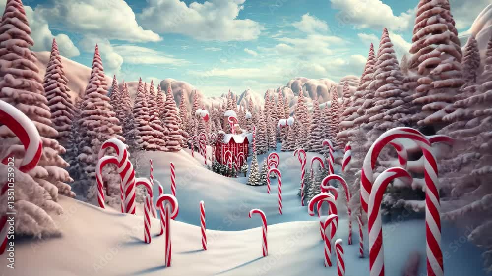 Journey through a whimsical candy cane forest filled with gumdrop trees in a magical winter landscape under a clear blue sky during daylight