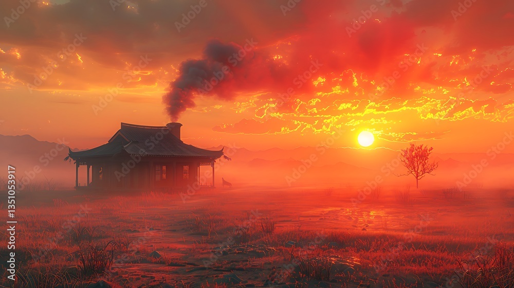 Serene sunset over a tranquil landscape with a traditional house, smoke rising, and misty fields Serene sunset over a tranquil landscape with a traditional house, smoke rising, and misty fields
