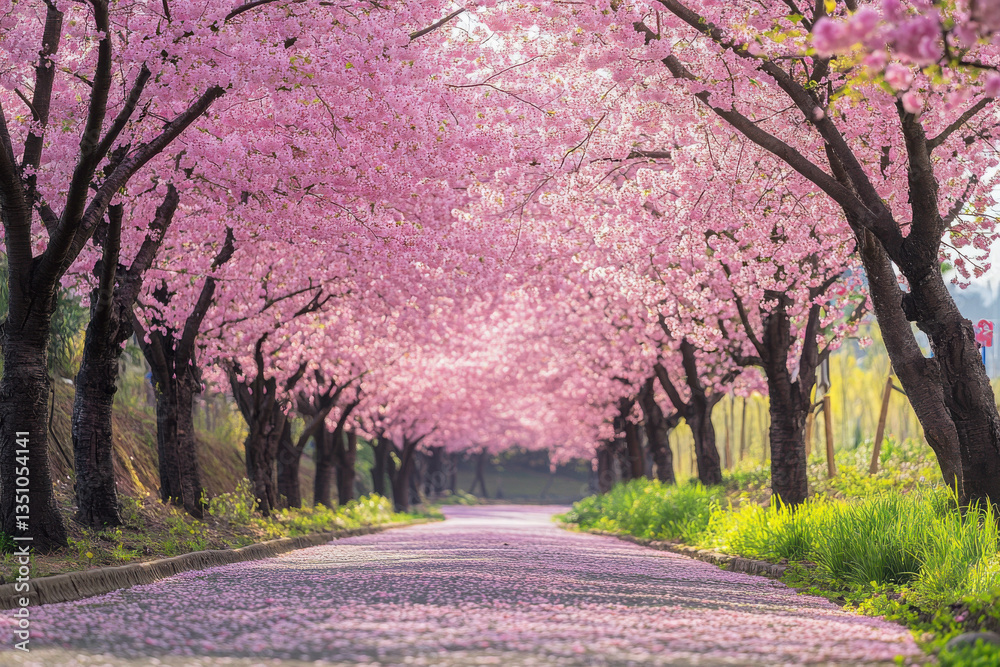 Naklejka premium Scenic cherry blossom pathway with soft petals scattered on the ground