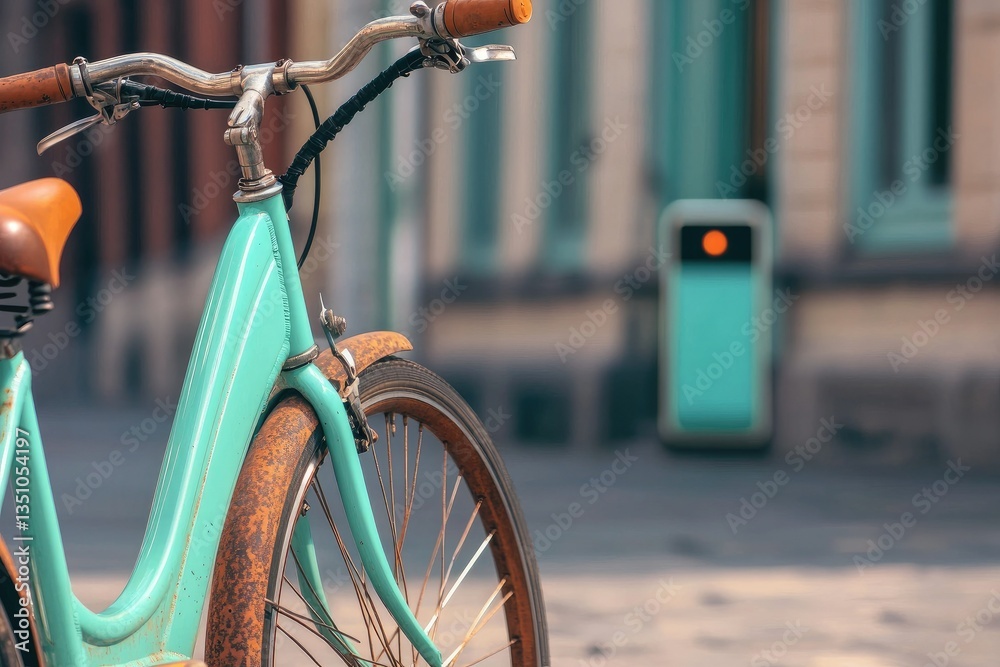 Obraz premium An old, rusted bicycle leaning against a modern electric bike, symbolizing the shift from traditional transportation methods to modern electric solutions. 