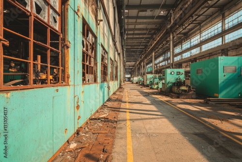 An abandoned factory with broken windows and rusted machines, standing beside a fully functioning, high-tech manufacturing plant, symbolizing industry stagnation vs. innovation. 
