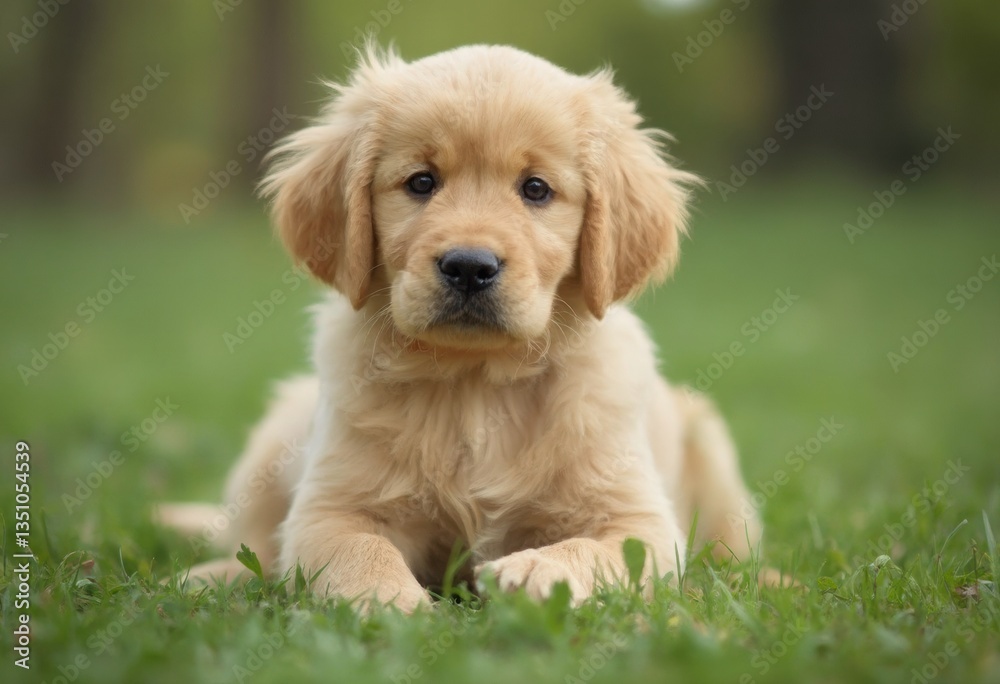 A Golden Retriever Puppy Playing in a Field of Grass A Golden Retriever Puppy Playing in a Field of Grass