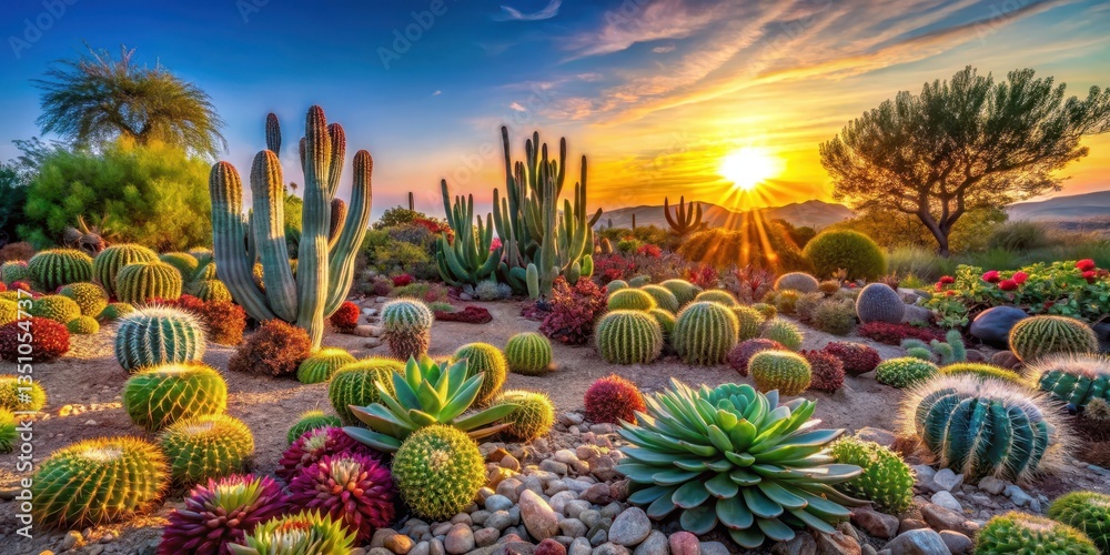 Desert Cactus Garden at Sunrise, succulents, vibrant display, succulents