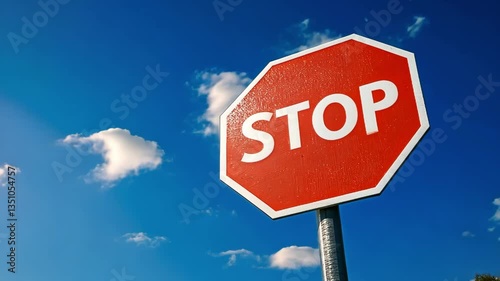 Block Symbol Indicator, Vibrant red stop sign against a clear blue sky with clouds