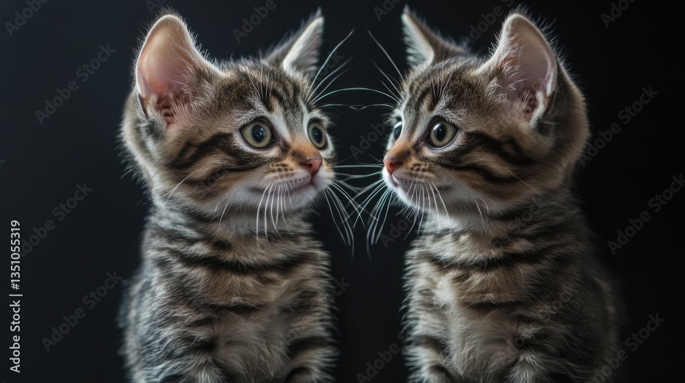 Two tabby kittens mirrored on black background Two tabby kittens mirrored on black background
