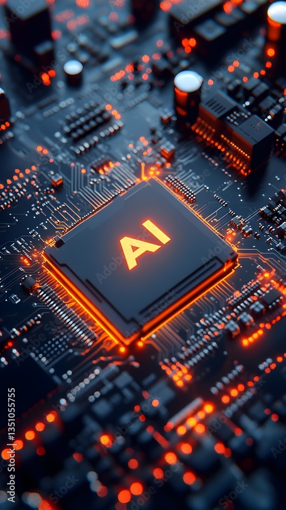 Illuminated AI Microchip on Circuit Board Technology Concept Illuminated AI Microchip on Circuit Board Technology Concept