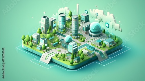 A vibrant eco-city thriving on innovation, nestled in lush greenery with a clean, minimalist aesthetic.