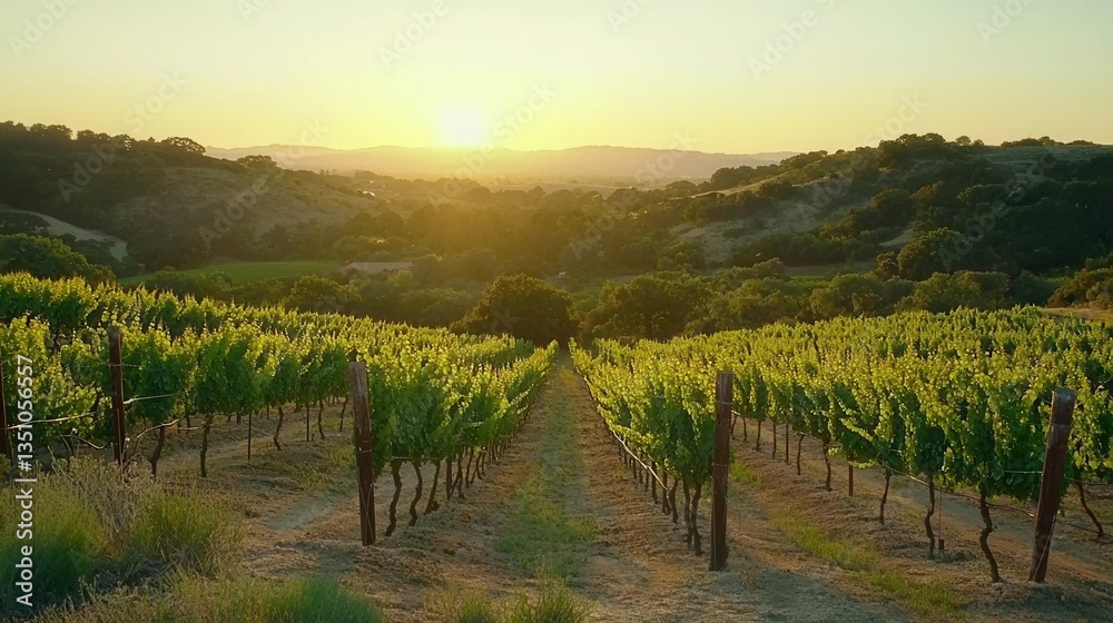 Fototapeta premium Golden Hour Vineyard Rows at Sunset Rural Landscape