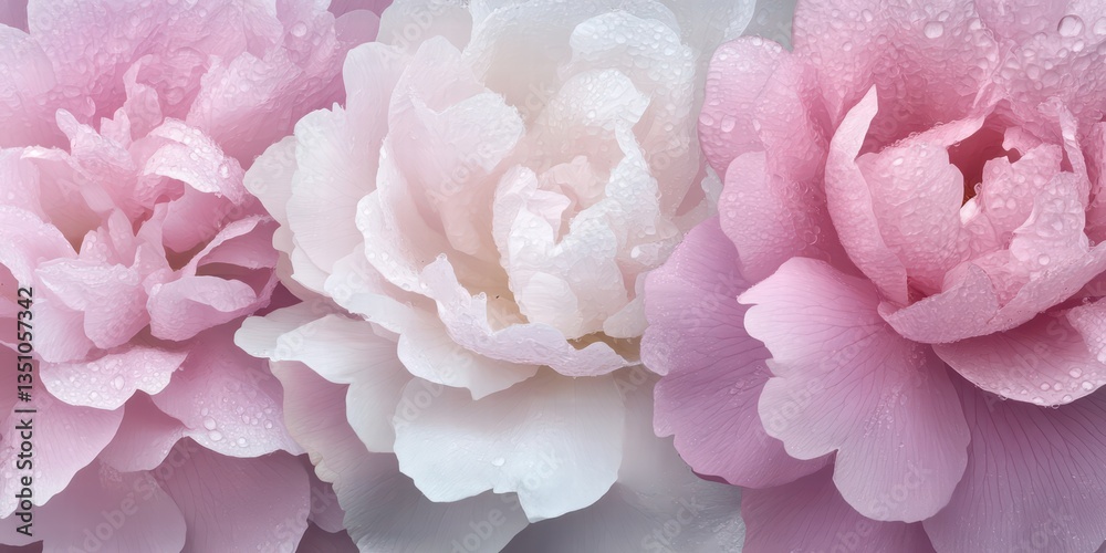 Soft Pink and White Peonies with Water Droplets on Petals Soft Pink and White Peonies with Water Droplets on Petals