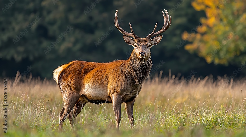 Majestic Red Deer in Autumn Grassland Majestic Red Deer in Autumn Grassland