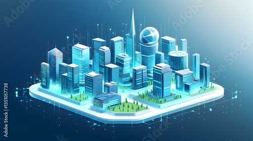 A futuristic city skyline illuminated by vibrant blue digital energy pulses, showcasing technological advancement and interconnectedness, with an isometric perspective and a clean, modern aesthetic.