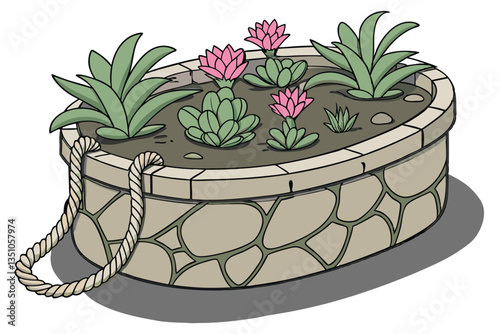 91 Decorative stone planter, Succulent garden, Miniature cactus, Pink flowering plants, Green foliage, Rustic rope accent, Wrought iron ornament, Textured volcanic rock, Whimsical garden design, Macro