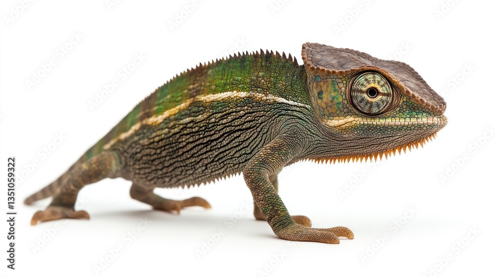 Fototapeta premium Close-up of a Panther Chameleon, profile view, white background. Possible use for educational resources