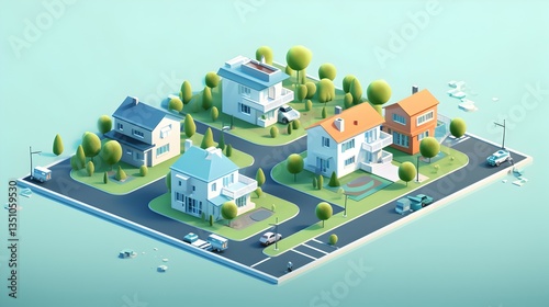 A charming neighborhood nestled amidst lush greenery, showcasing a collection of idyllic homes bathed in soft sunlight, offering a peaceful and vibrant community atmosphere.