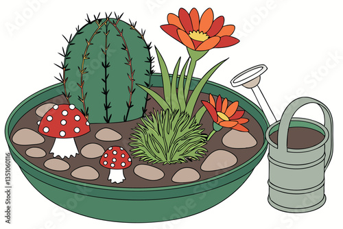 92 Succulent arrangement, miniature garden, green ceramic pot, vibrant colors, red and orange flowers, cactus, decorative mushroom, tiny watering can, moss, pebbles, detailed textures, macro photograp photo