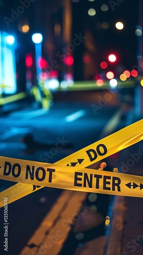 Night Scene Do Not Enter Caution Tape Urban Crime Scene Blurred Background