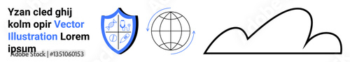 Shield with icons, sketched globe, and cloud outline representing protection, global access, and web services. Ideal for cybersecurity, networking, education, branding innovation cloud computing