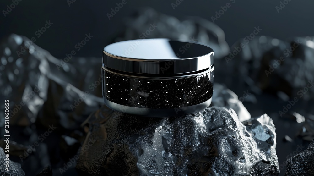 Luxurious Black Cosmetic Jar on Dark Rocks Skincare Product Mockup Elegant Packaging Design Luxurious Black Cosmetic Jar on Dark Rocks Skincare Product Mockup Elegant Packaging Design