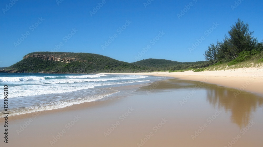 Serene Coastal Scene Sandy Beach Rolling Waves and Lush Green Hills Under a Clear Blue Sky Serene Coastal Scene Sandy Beach Rolling Waves and Lush Green Hills Under a Clear Blue Sky