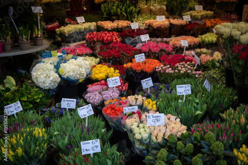 Colorful flower bouquets waiting for customers at amsterdam flower market