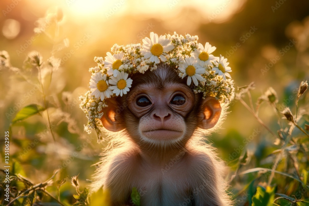 Fototapeta premium Golden hour in sunset. Summer happiness. Cute baby animal hanuman langur wearing savage flower wreath on its head. Wild creature in peaceful retreat. Peaceful wild animal in nature.
