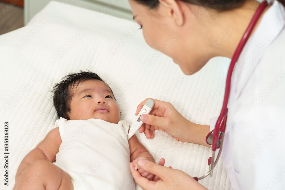 Obraz premium Caucasian female pediatrician checking temperature of Asian newborn girl using digital thermometer under arm while gently talking and smiling during healthcare checkup on white bed in clinic
