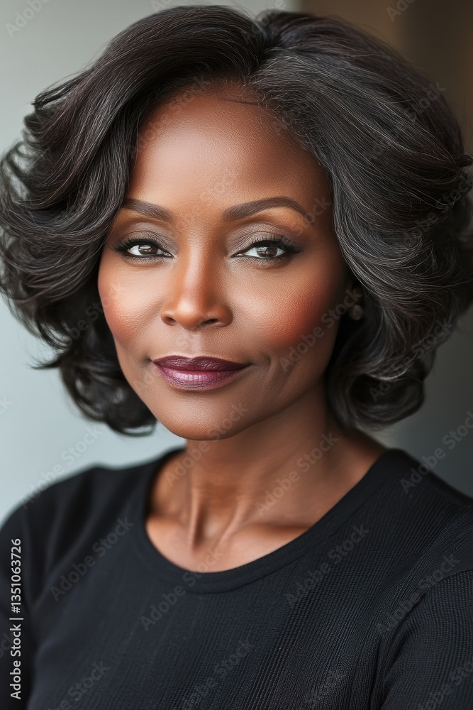 Fototapeta premium Portrait of a confident woman with elegant hairstyle and striking features showcasing natural beauty in a professional setting