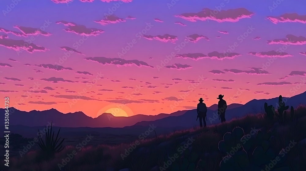 Fototapeta premium Sunset Cowboys Desert Landscape.