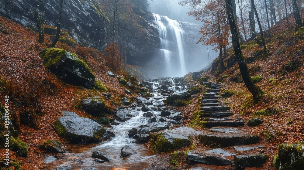 Obraz premium Majestic waterfall cascading through a misty autumn forest with vibrant foliage and rocky pathways in serene nature setting