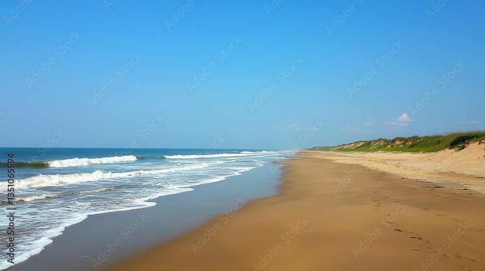 Serene Coastal Scene Ocean Waves on Sandy Beach Under Blue Sky Serene Coastal Scene Ocean Waves on Sandy Beach Under Blue Sky
