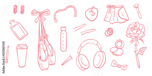 Ballet School outline set. Hand drawn doodles. 