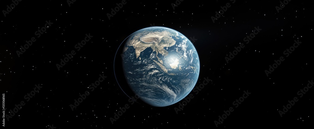 Obraz premium High-Definition Photography of Earth Centered in the Universe with Stars Shining Around, Blue and White Colors Creating Space Exploration Atmosphere, Wide-Angle Lens for Cinematic Feel