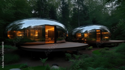 Two mirrored, oval-shaped cabins nestled in a forest at twilight