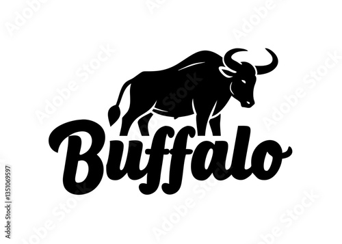 Silhouette of a Buffalo with "Buffalo" Text Overlay , A bold, black silhouette of a buffalo, with the word "Buffalo" stylized and overlaid on the image.