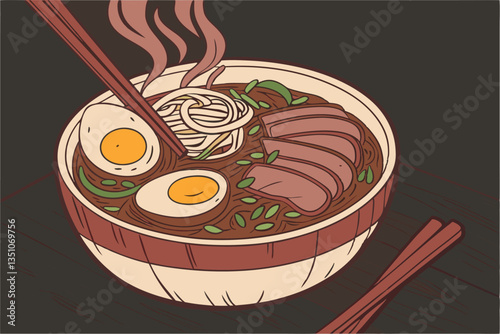 96 Ramen bowl, rich dark broth, soft-boiled egg halves, tender sliced meat, green onions, chopsticks, rustic ceramic bowl, dark wood table, moody lighting, Japanese cuisine, comfort food, steam rising